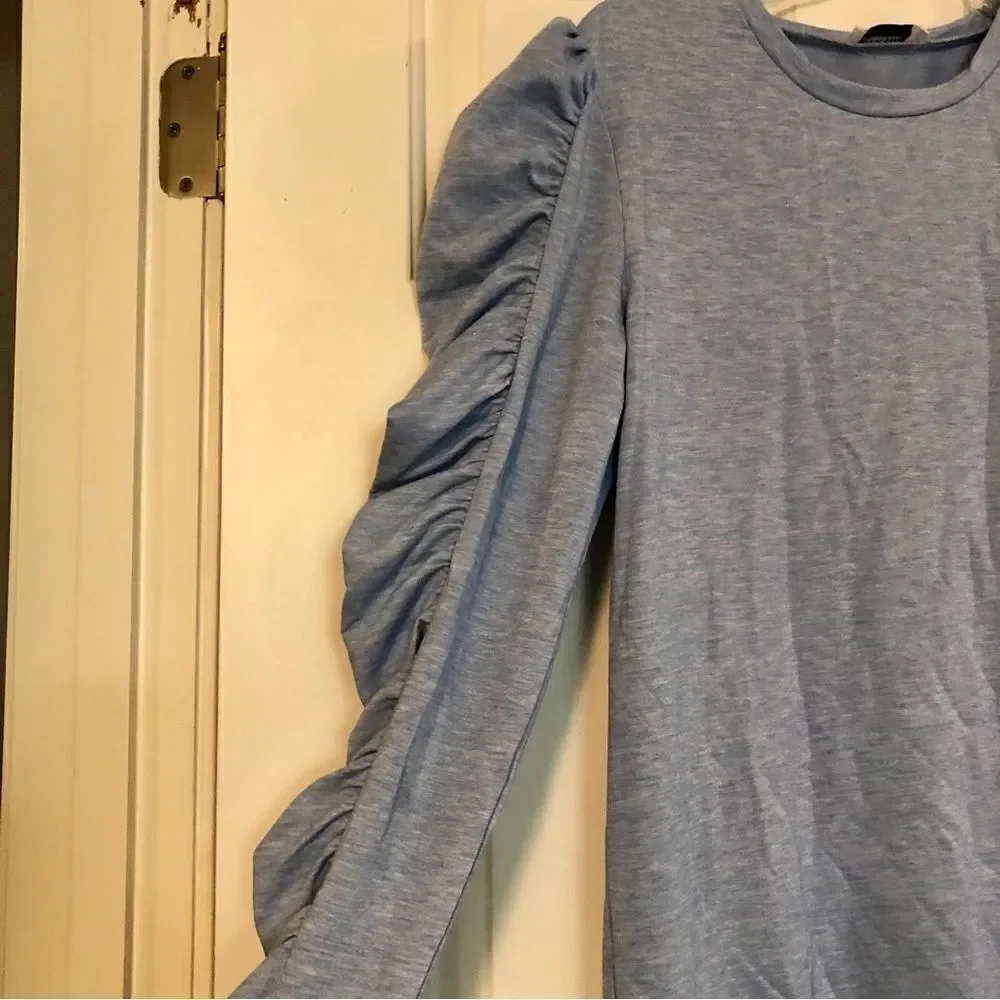 Ruched, Ruffle Long Sleeve Top, Light Blue Size Small - Picture 2 of 10